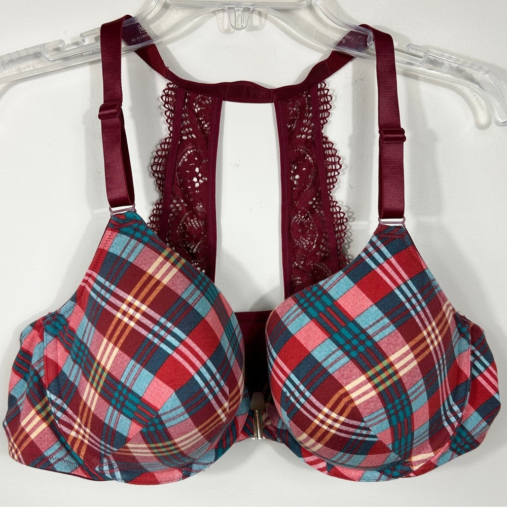 Cacique Lightly Lined T-Shirt Bra 44C Red Plaid Lace Racerback Underwire Support
